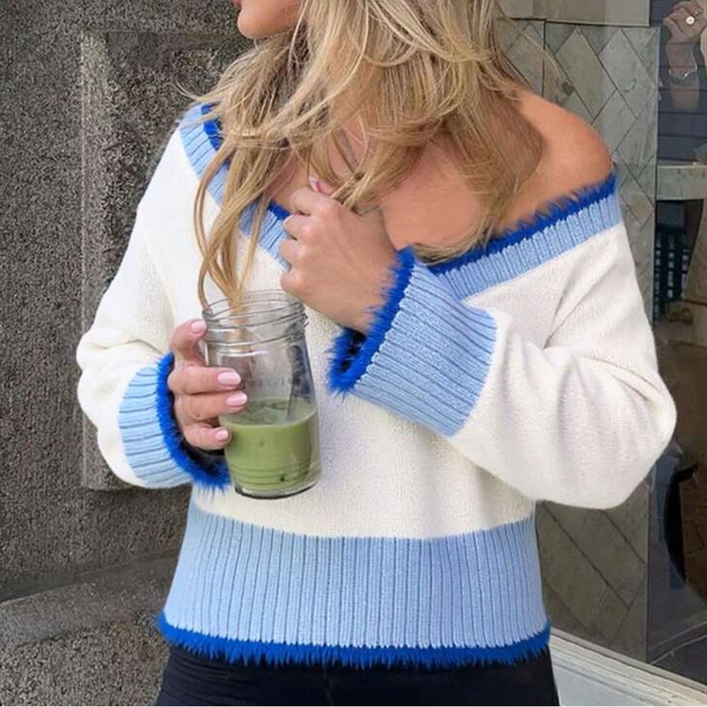 Chic Nation Off-Shoulder Sweater - White and Blue